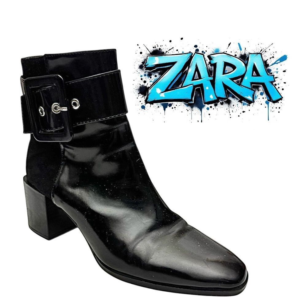 ZARA Women’s Black Embossed Leather Ankle Boots Pointed Toe Block Heel Size 8